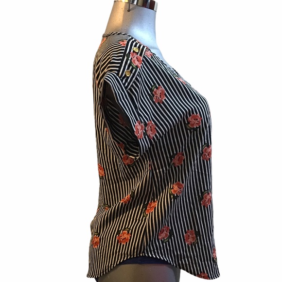 Floral Striped Blouse Career Office Lightweight Rosette Casual Rose Print boho - Picture 6 of 6